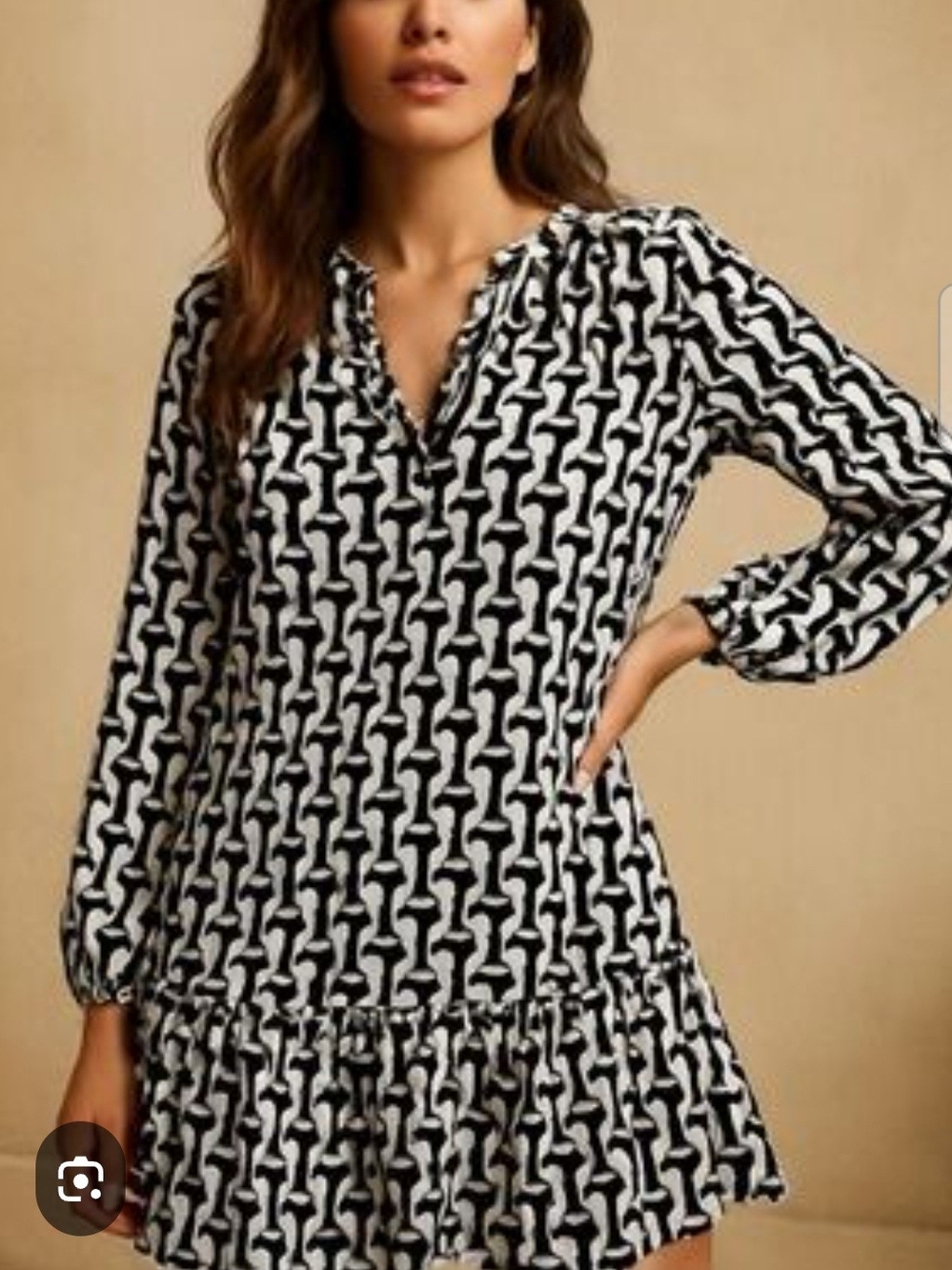 Jessica Simpson Black & White Geo-Print Long Sleeve Tunic Dress 100% Cotton
